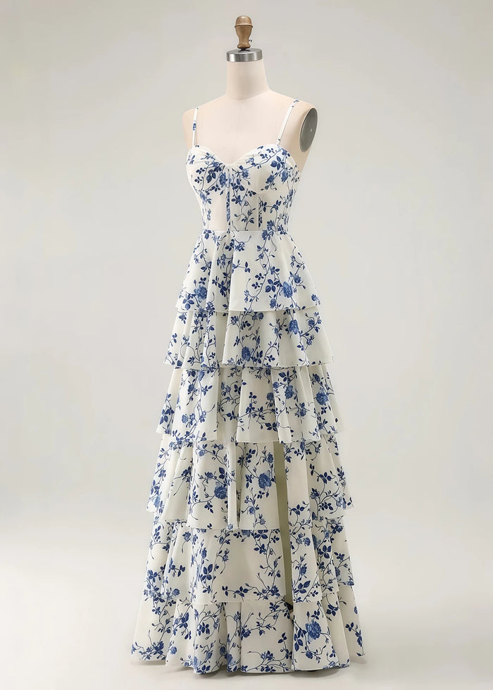 Rhea Floral Blue Prom Dress Ruffles | A - Line Spaghetti Strap Tiered Formal Dress with Slit - Blue Floral - PromDressClub