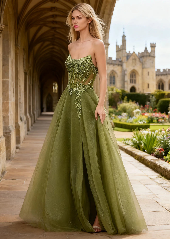 Rhea Olive Green Corset Glitter Prom Dress | A - Line Strapless Floor Length Formal Dress with Slit - Olive Green - PromDressClub