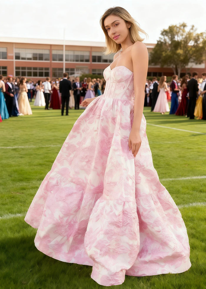 Rhythm Pink Floral Strapless Corset Prom Dress | A - Line Sweetheart Neckline Backless Floor Length Dress - Light Blue - PromDressClub