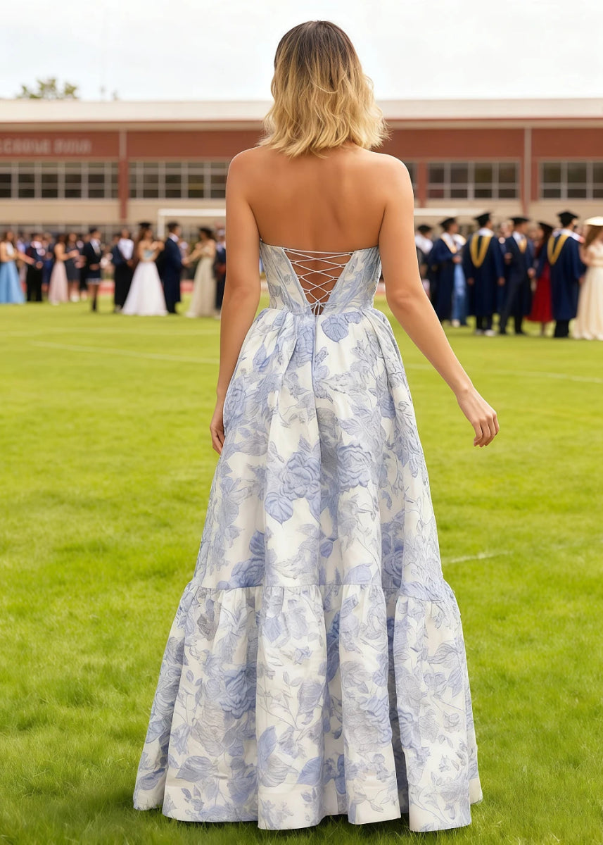 Rhythm Pink Floral Strapless Corset Prom Dress | A - Line Sweetheart Neckline Backless Floor Length Dress - Light Pink - PromDressClub