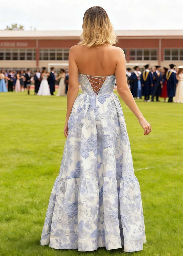 Rhythm Pink Floral Strapless Corset Prom Dress | A - Line Sweetheart Neckline Backless Floor Length Dress - Light Pink - PromDressClub