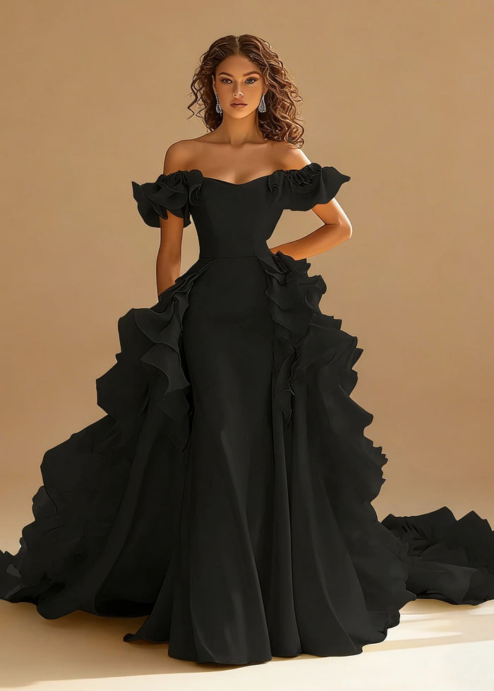 Riona Satin Yellow Ruffle Prom Dress | A - Line Off the Shoulder Tiered Strapless Formal Dress - Black - PromDressClub