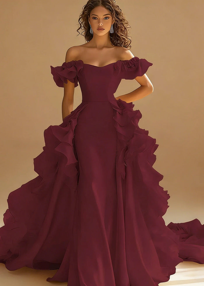Riona Satin Yellow Ruffle Prom Dress | A - Line Off the Shoulder Tiered Strapless Formal Dress - Cabernet - PromDressClub
