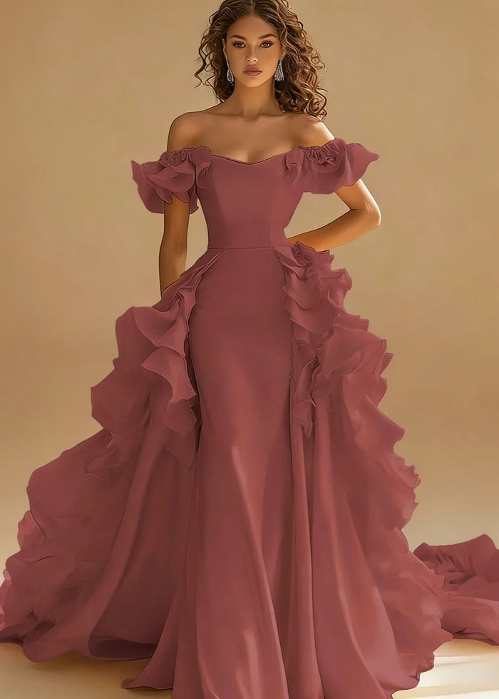 Riona Satin Yellow Ruffle Prom Dress | A - Line Off the Shoulder Tiered Strapless Formal Dress - Desert Rose - PromDressClub