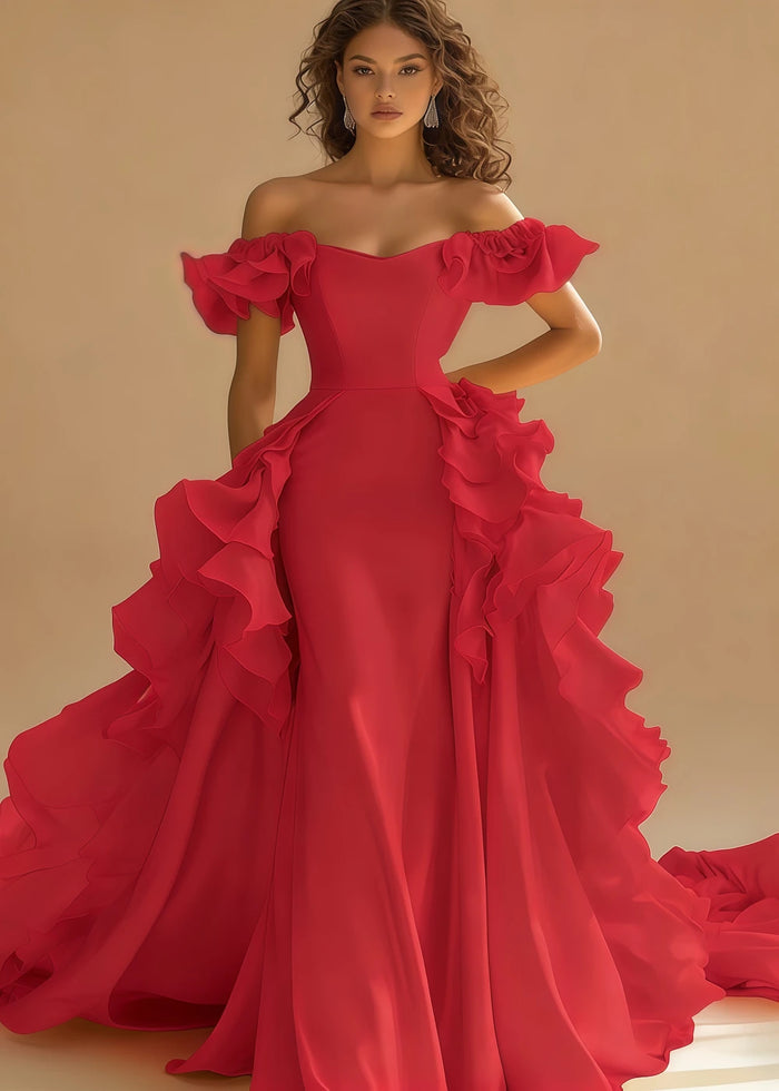 Riona Satin Yellow Ruffle Prom Dress | A - Line Off the Shoulder Tiered Strapless Formal Dress - Red - PromDressClub