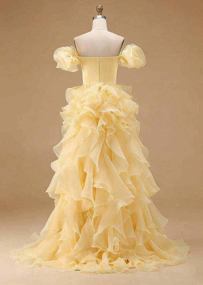 Riona Satin Yellow Ruffle Prom Dress | A - Line Off the Shoulder Tiered Strapless Formal Dress - Royal Blue - PromDressClub