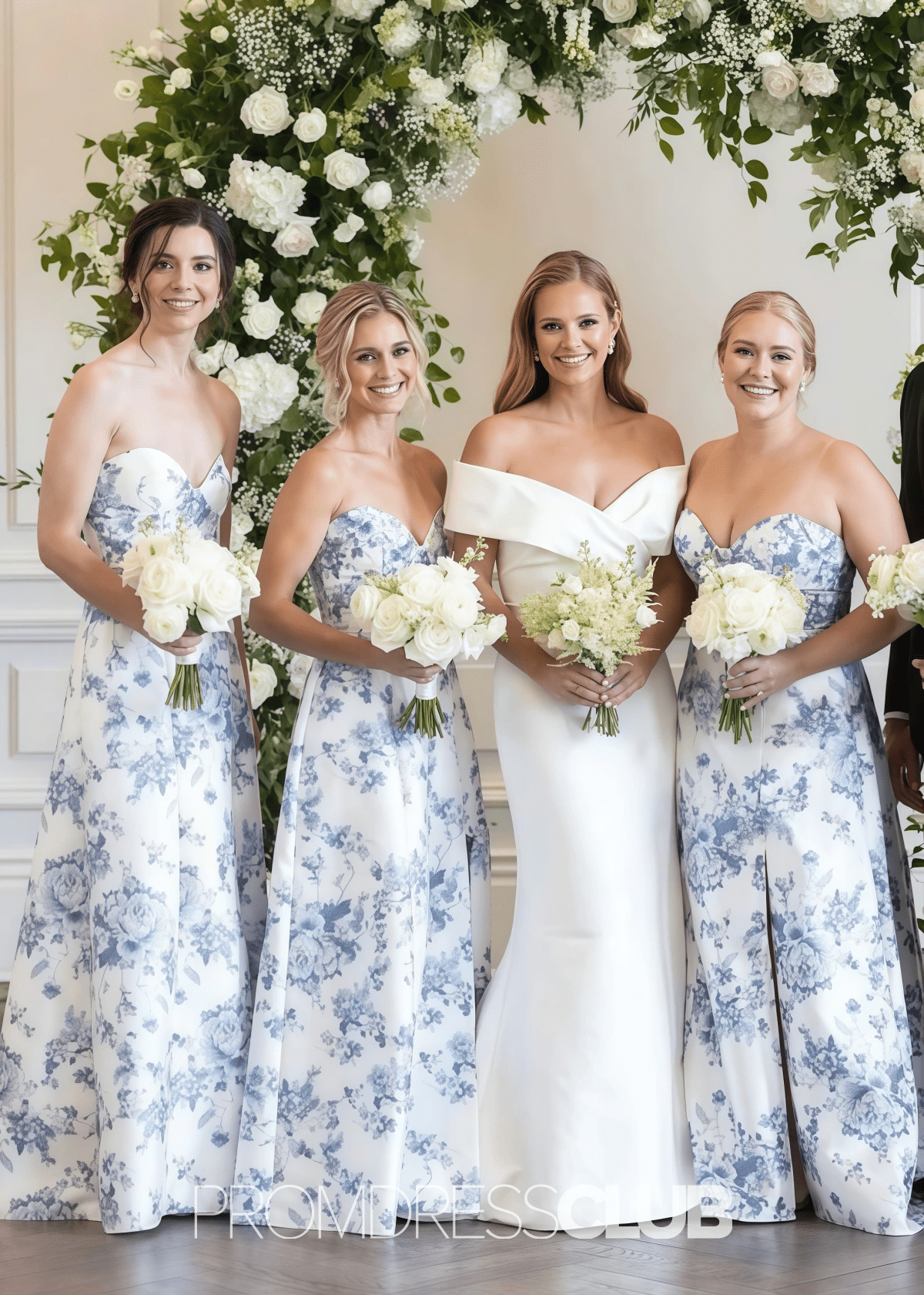 Rita | A Line Strapless White Blue Printing Floral Satin Maxi Formal Dress - Price #price_variant_lowest# - Blue Floral - PromDressClub