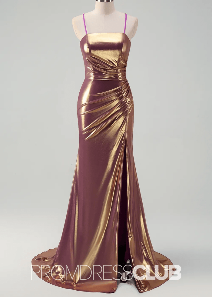 Rita |Rose Gold Metallic Long Prom Dresses Websites With Spaghetti Straps Mermaid Slit - Price #price_variant_lowest# - RosyBrown - PromDressClub