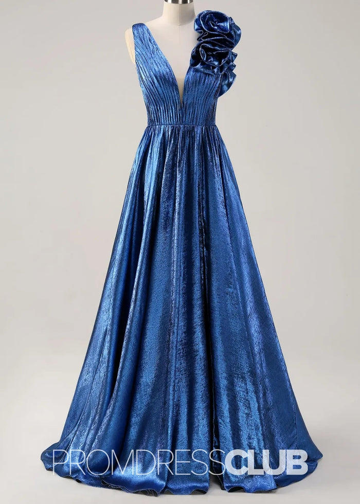 Riva |Long Royal Blue Metallic Prom Dresses Websites With Deep V - neck A - Line 3D Flowers - Price #price_variant_lowest# - Royal Blue - PromDressClub