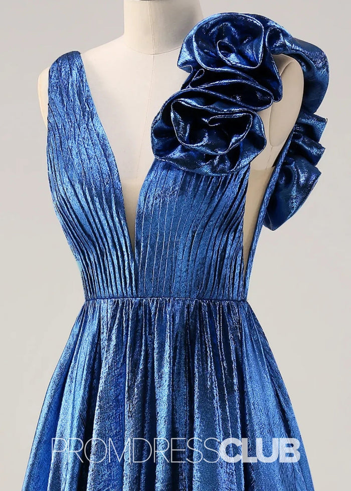 Riva |Long Royal Blue Metallic Prom Dresses Websites With Deep V - neck A - Line 3D Flowers - Price #price_variant_lowest# - Royal Blue - PromDressClub