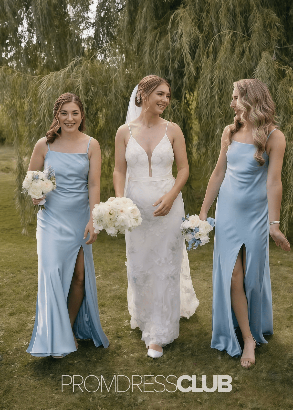 Roberta | Sheath Column Pleats Bow and Slit Light Blue Satin Long Bridesmaid Dress - Price #price_variant_lowest# - Light Blue - PromDressClub