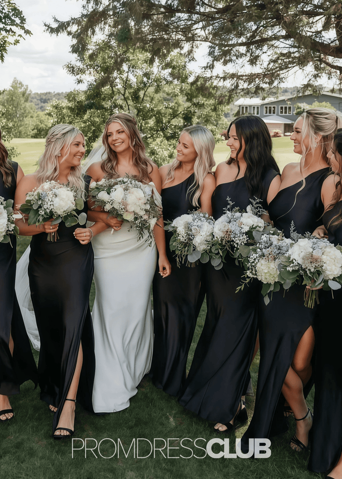 Rosalind | Sheath Column Pleats and Slit Black Satin Long Bridesmaid Dress - Price #price_variant_lowest# - Black - PromDressClub