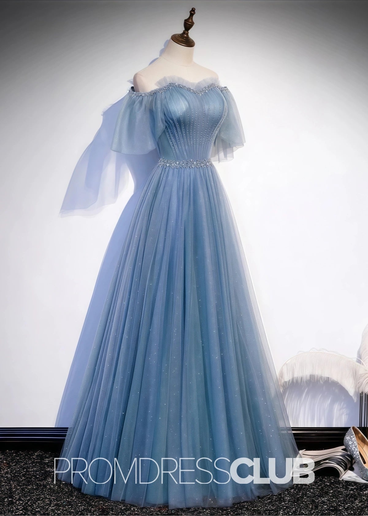 Sabina |Long Light Blue Prom Dresses Stores With Sweetheart - Neck Tulle Flare Sleeves Beaded Sequin - Price #price_variant_lowest# - Light Blue - PromDressClub