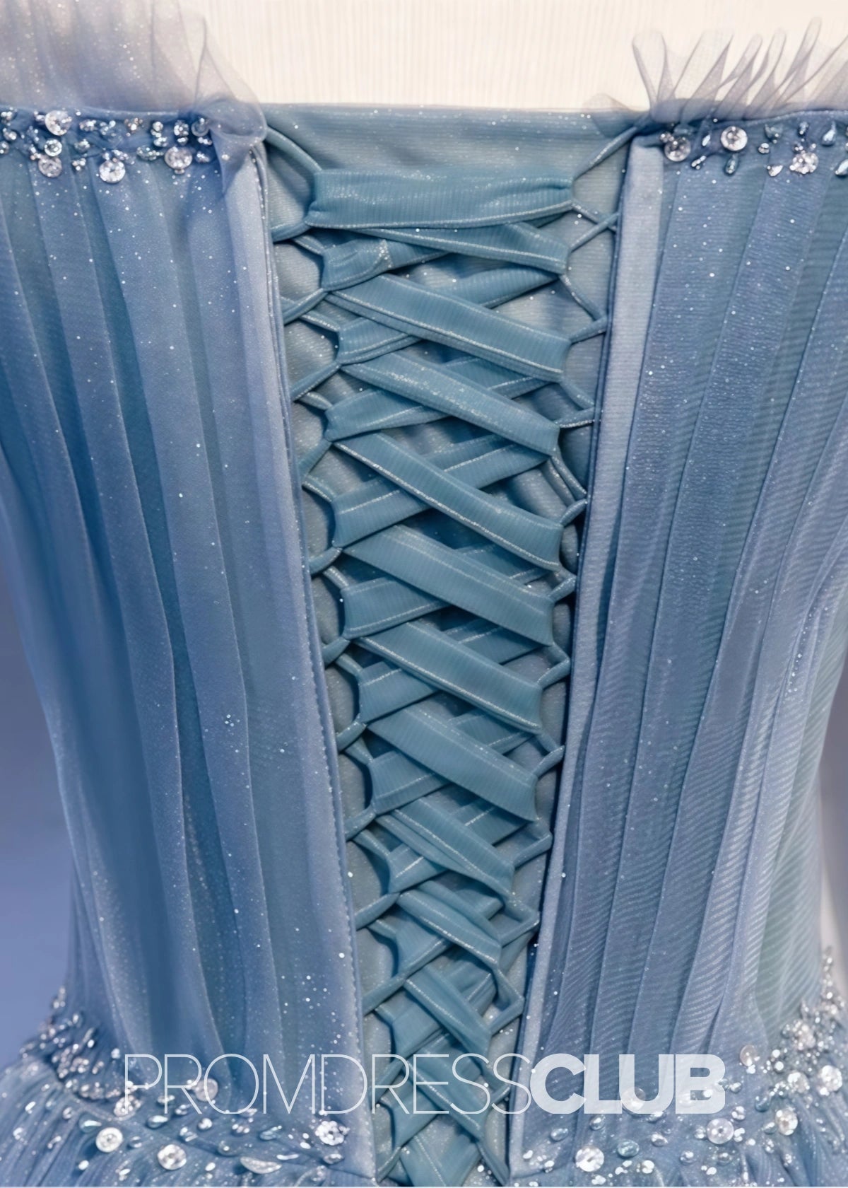 Sabina |Long Light Blue Prom Dresses Stores With Sweetheart - Neck Tulle Flare Sleeves Beaded Sequin - Price #price_variant_lowest# - Light Blue - PromDressClub