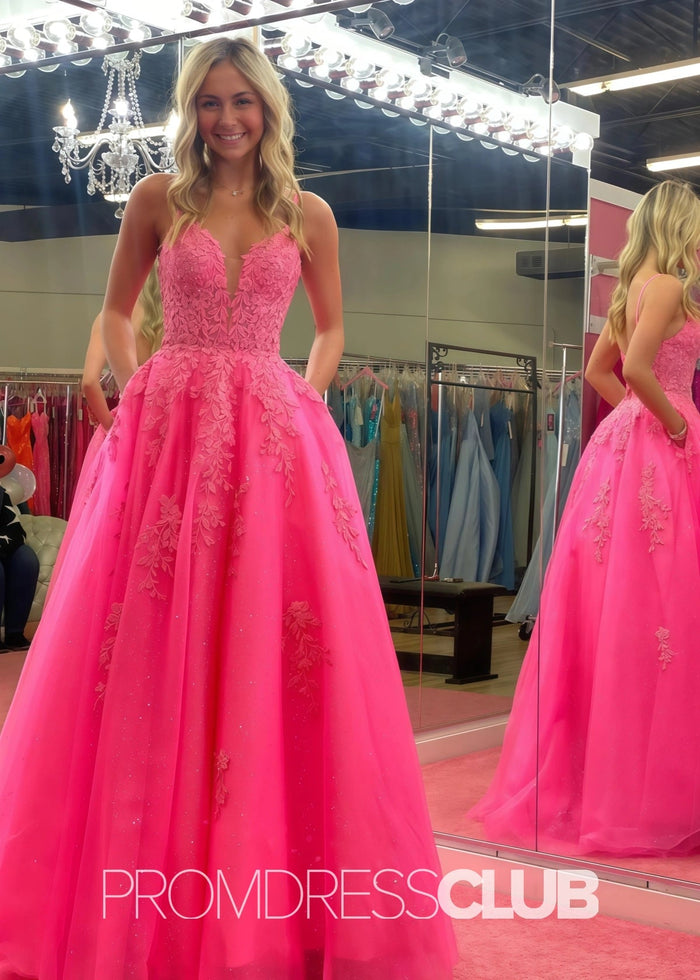 Sally |Hot Pink Long Prom Dresses Stores Near Me With V Neck A Line Lace - Price #price_variant_lowest# - Hot Pink - PromDressClub