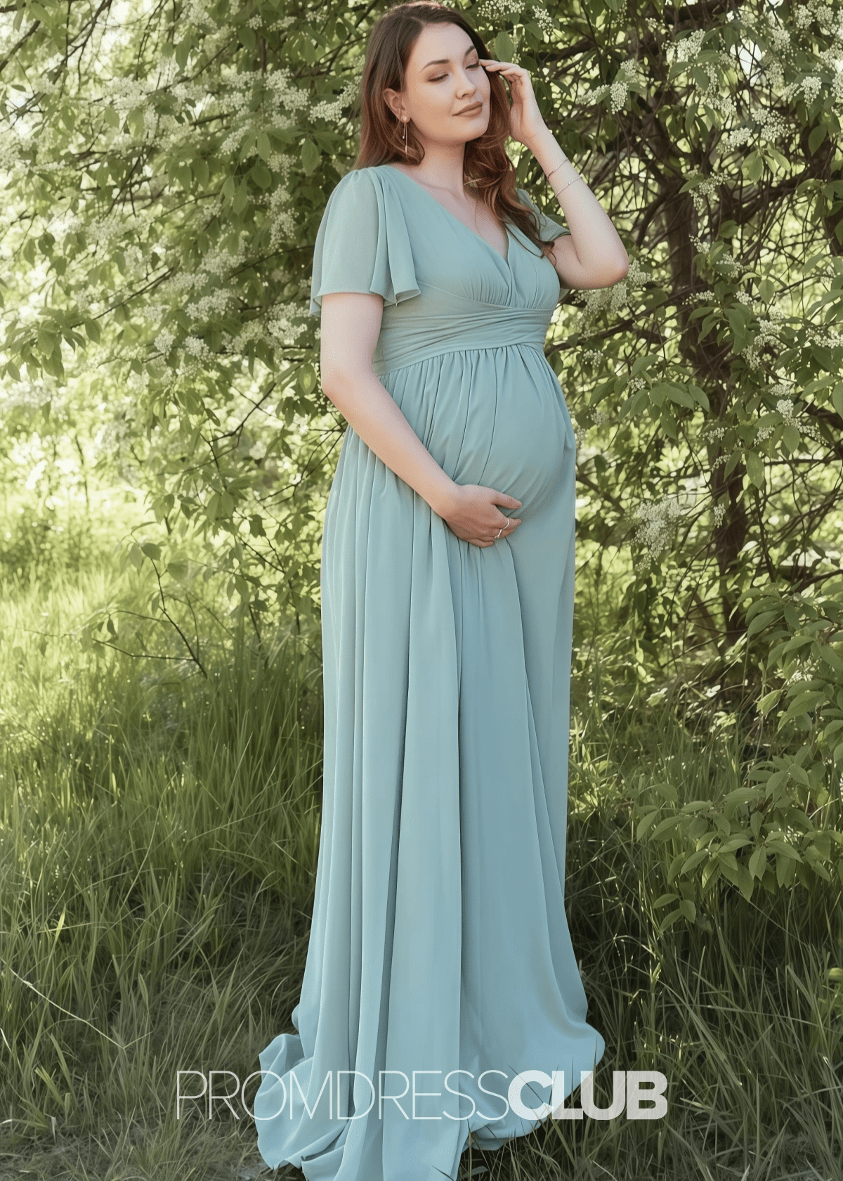 Salome | A Line Maternity Plus Size Sage Green Chiffon Long Bridesmaid Dress - Price #price_variant_lowest# - Sage - PromDressClub
