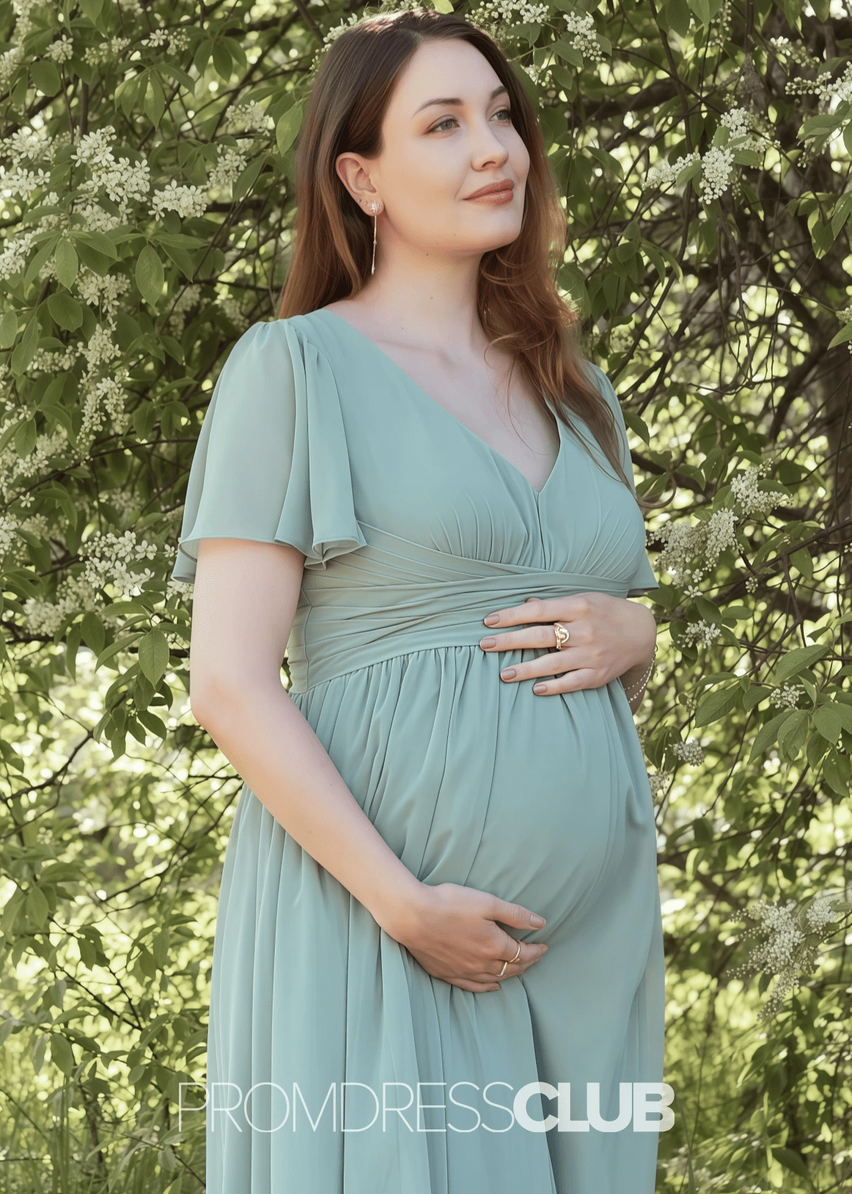 Salome | A Line Maternity Plus Size Sage Green Chiffon Long Bridesmaid Dress - Price #price_variant_lowest# - Sage - PromDressClub