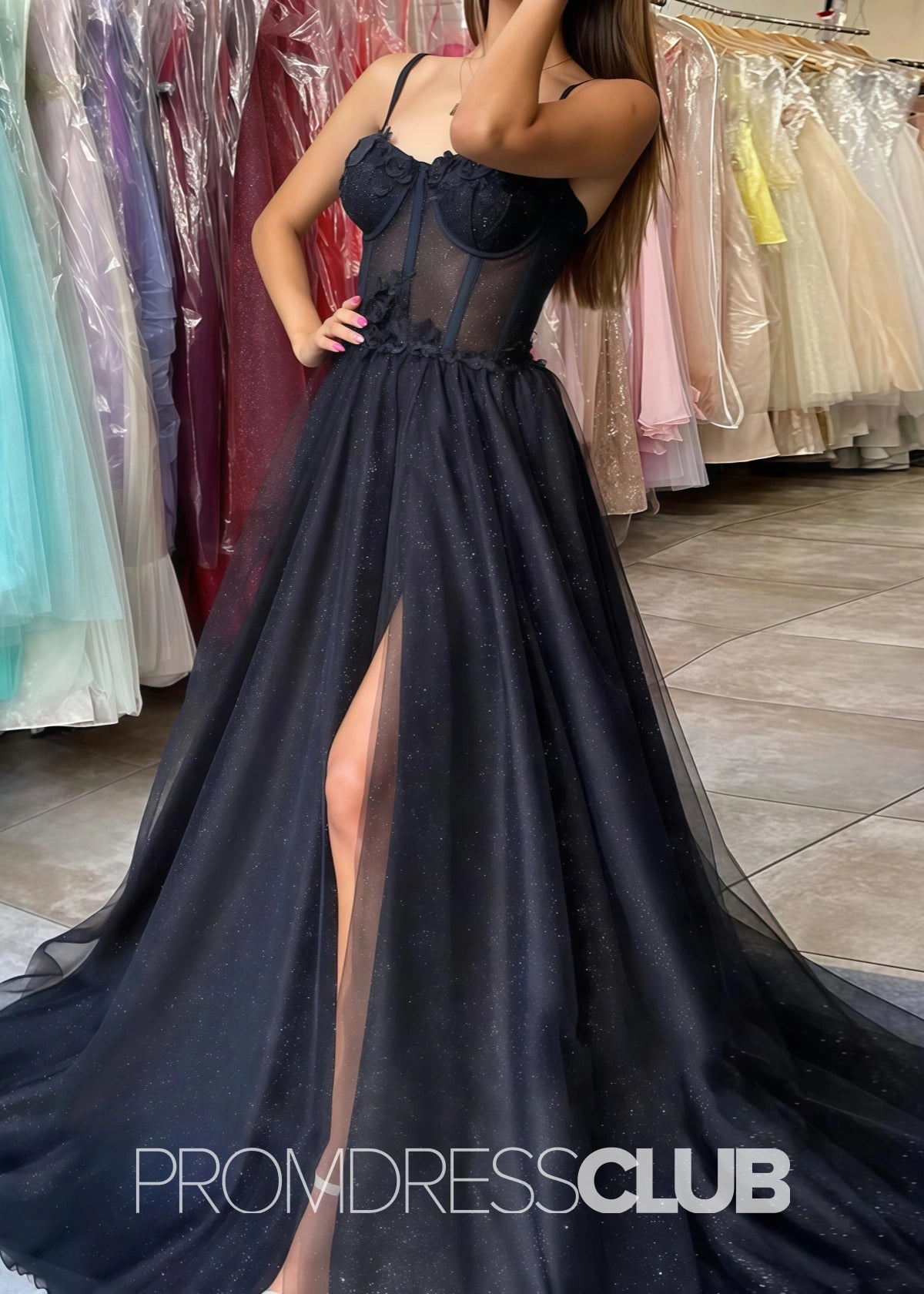 Samantha |Black Long Prom Dresses Stores With A - line Spaghetti Straps Glitter Tulle - Price #price_variant_lowest# - Black - PromDressClub
