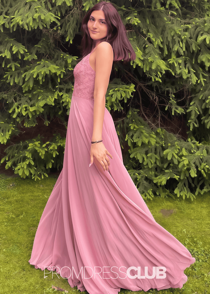 Sandy | A Line Lace Embroidered Rose Gold Chiffon Long Bridesmaid Dress - Price #price_variant_lowest# - RosyBrown - PromDressClub