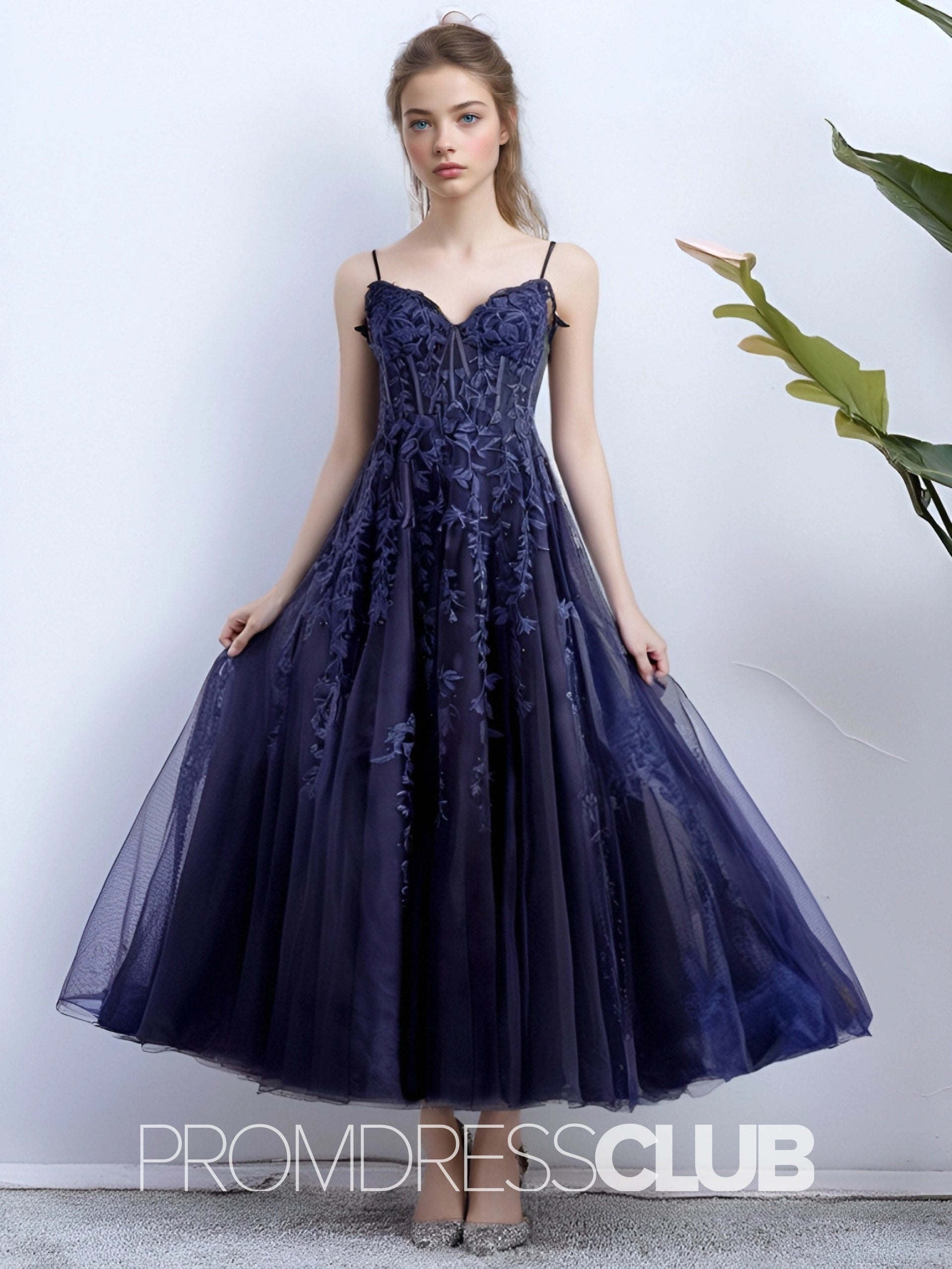 Sara |Navy Blue Long Prom Dresses With A - line Sweetheart Lace Tulle Slit - Price #price_variant_lowest# - Navy Blue - PromDressClub