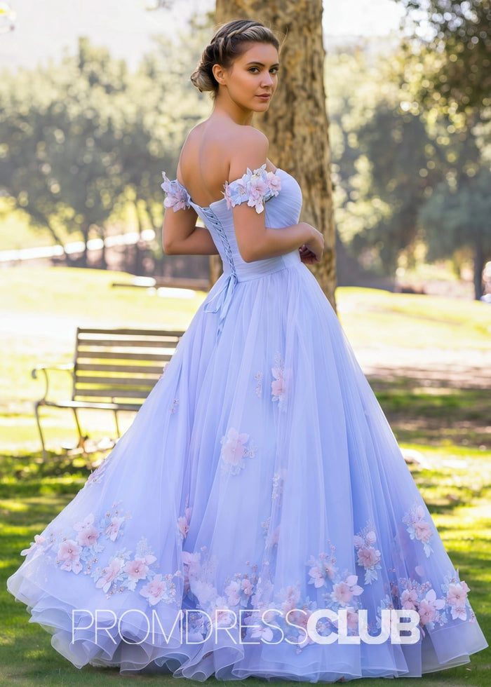 Sebastiane |Lavender Floor Length Long Prom Dresses With A Line off the shoulder Applique Tulle - Price #price_variant_lowest# - Lavender Floral - PromDressClub