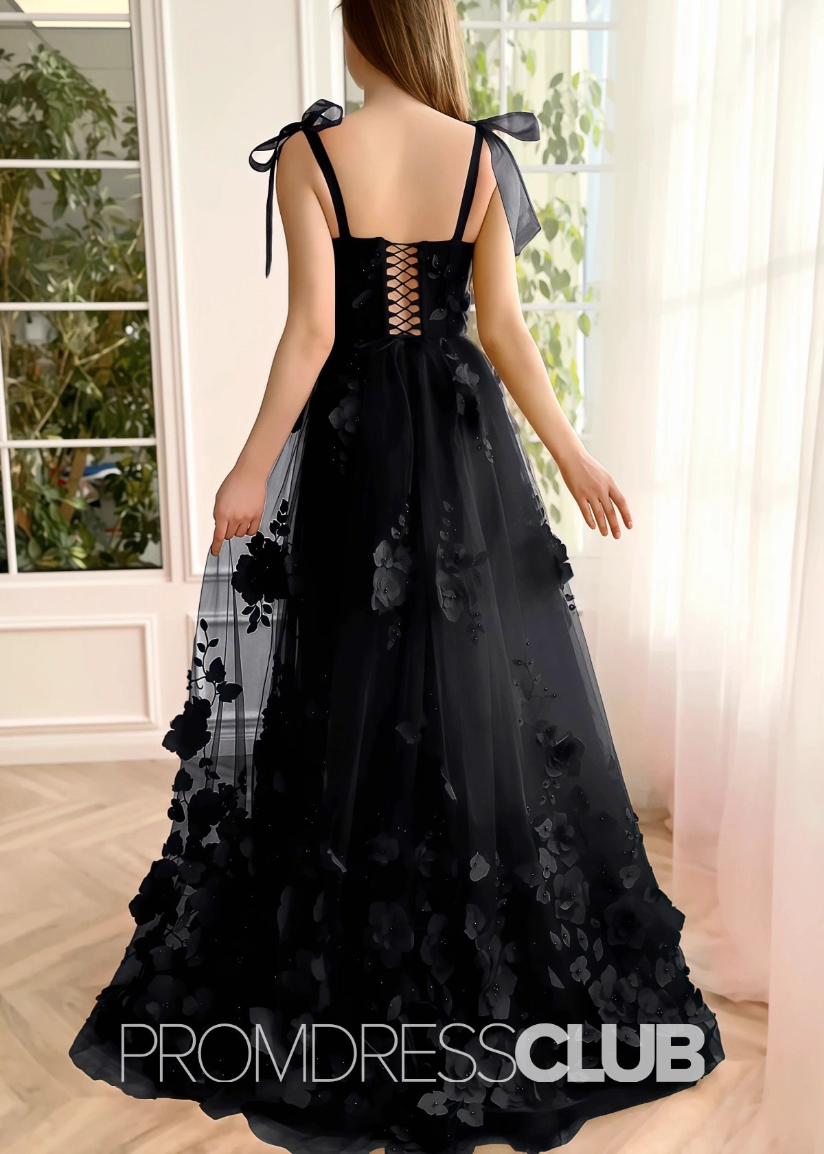 Selena |Red Long Prom Dresses With Scarlet Lace A - line 3D Flower Slit - Price #price_variant_lowest# - Black - PromDressClub