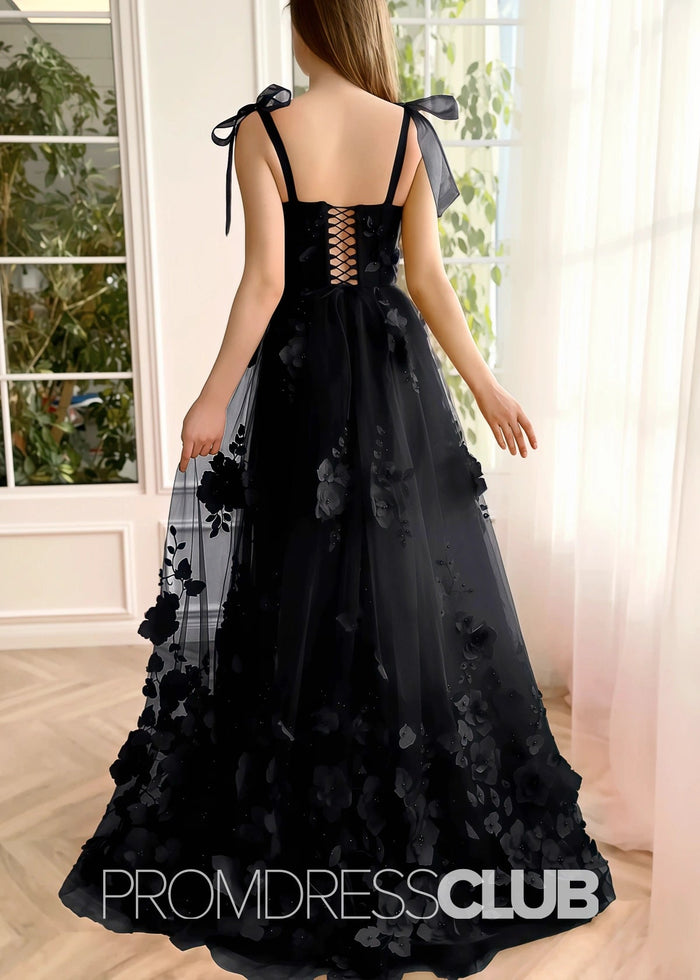 Selena |Red Long Prom Dresses With Scarlet Lace A - line 3D Flower Slit - Price #price_variant_lowest# - Black - PromDressClub