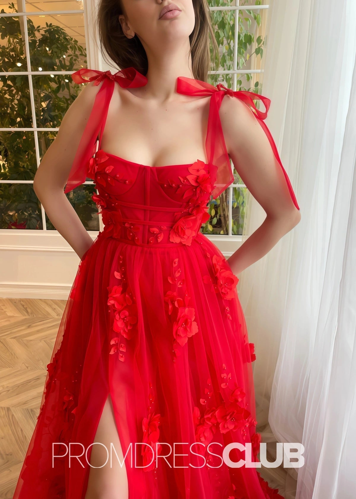 Selena |Red Long Prom Dresses With Scarlet Lace A - line 3D Flower Slit - Price #price_variant_lowest# - Red - PromDressClub