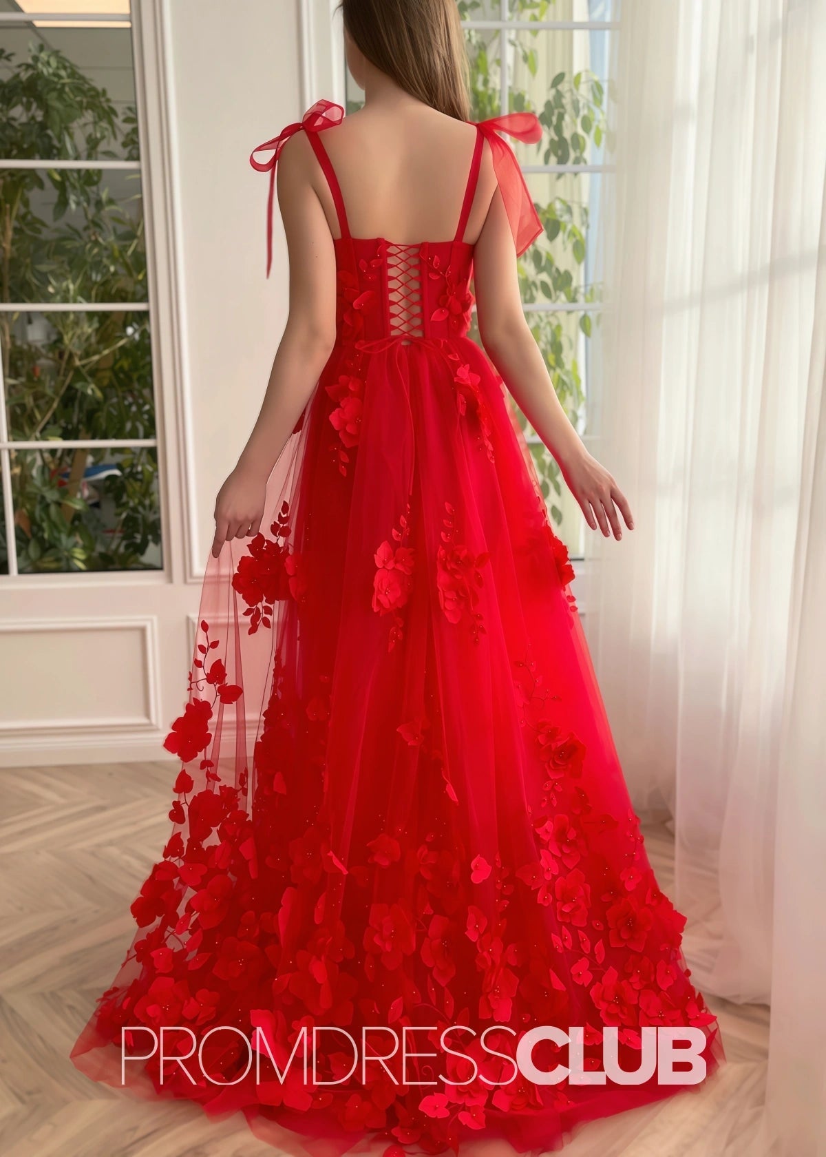 Selena |Red Long Prom Dresses With Scarlet Lace A - line 3D Flower Slit - Price #price_variant_lowest# - Red - PromDressClub