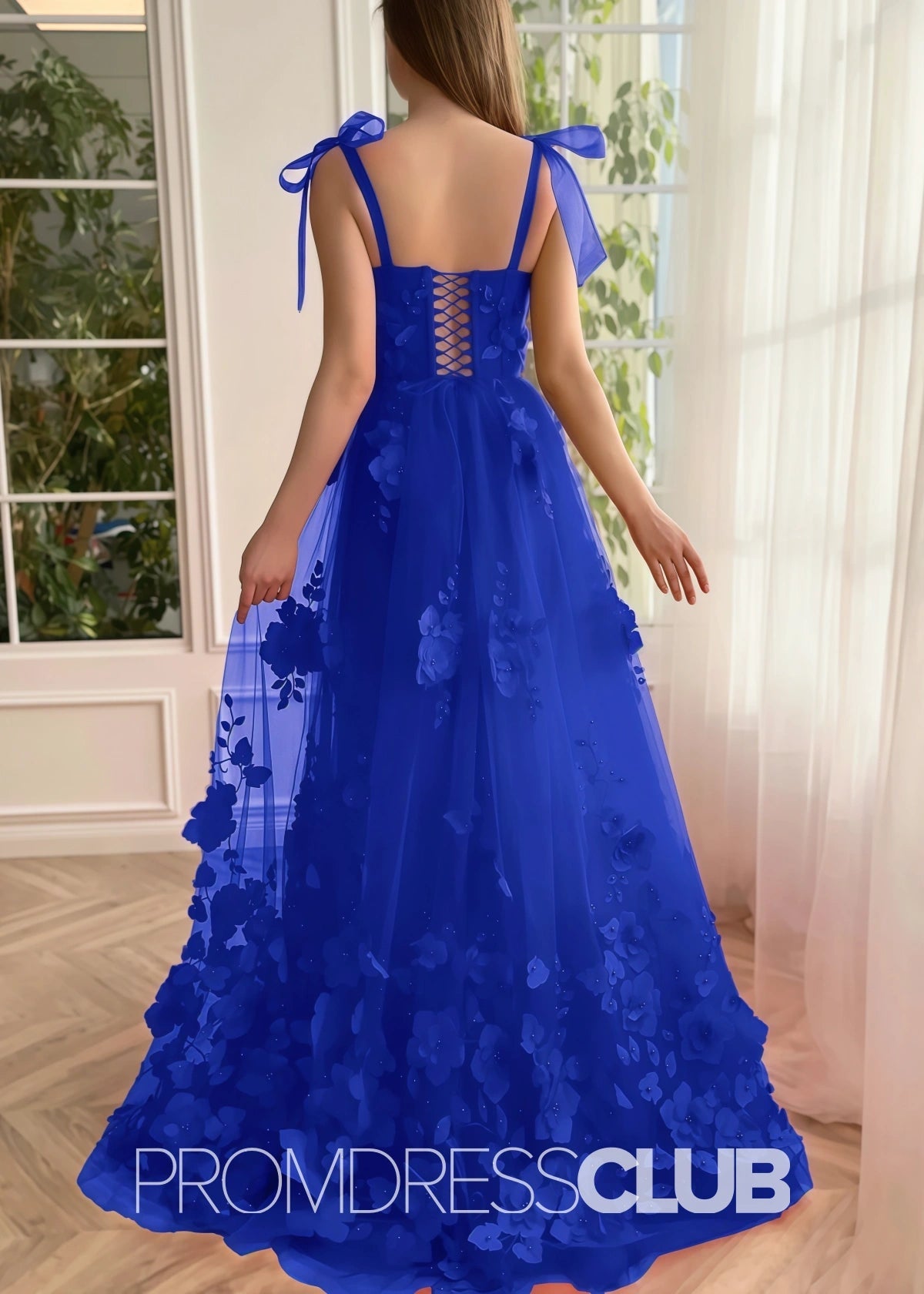 Selena |Red Long Prom Dresses With Scarlet Lace A - line 3D Flower Slit - Price #price_variant_lowest# - Royal Blue - PromDressClub