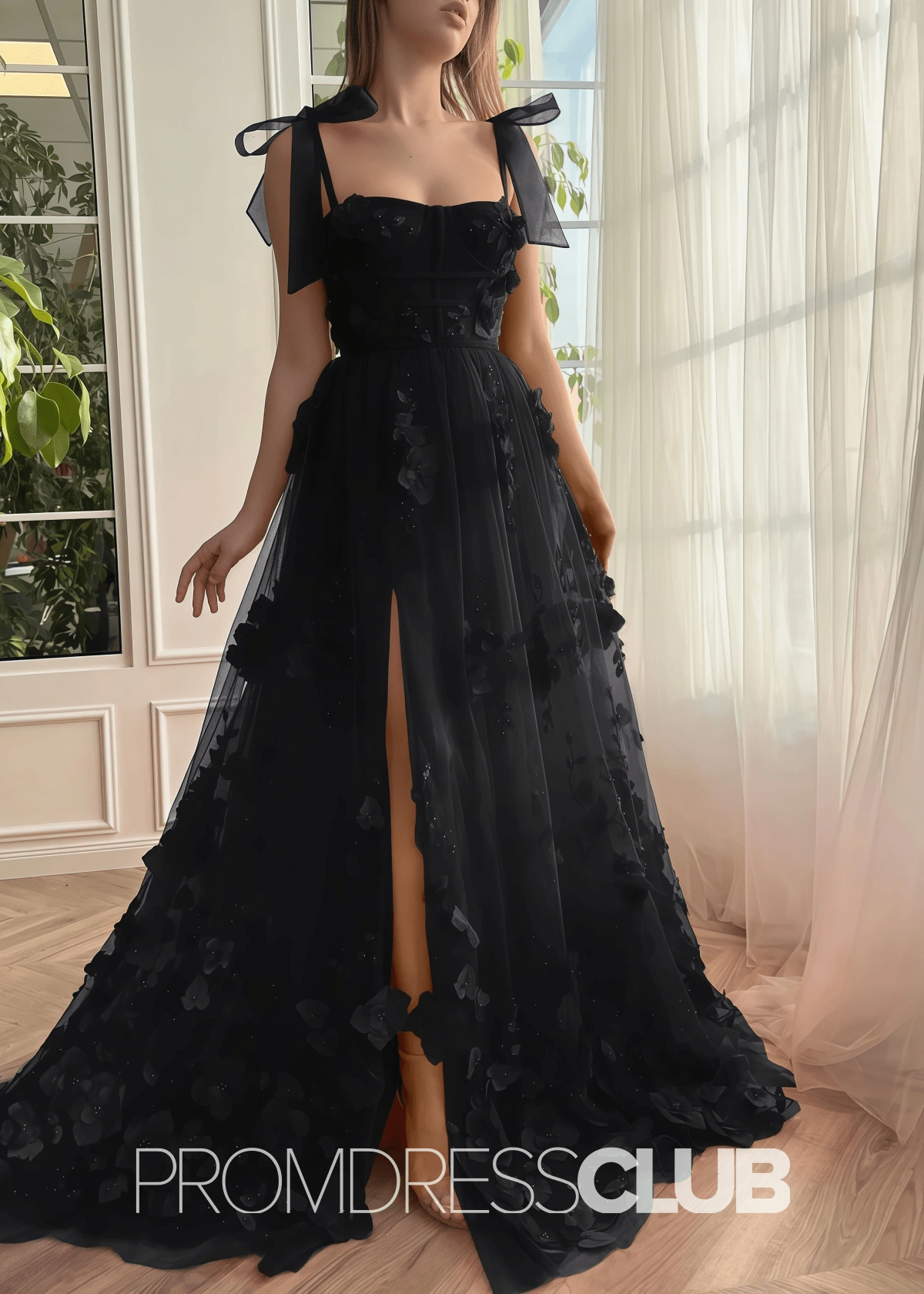 Selena |Red Long Prom Dresses With Scarlet Lace A - line 3D Flower Slit - Price #price_variant_lowest# - Black - PromDressClub