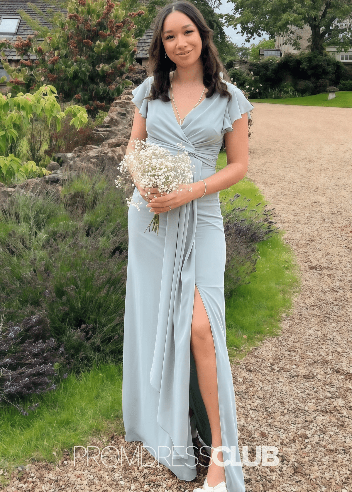 Selena | Sheath Column Surplice Slit Dusty Blue Chiffon Maxi Bridesmaid Dress - Price #price_variant_lowest# - Dusty Blue - PromDressClub