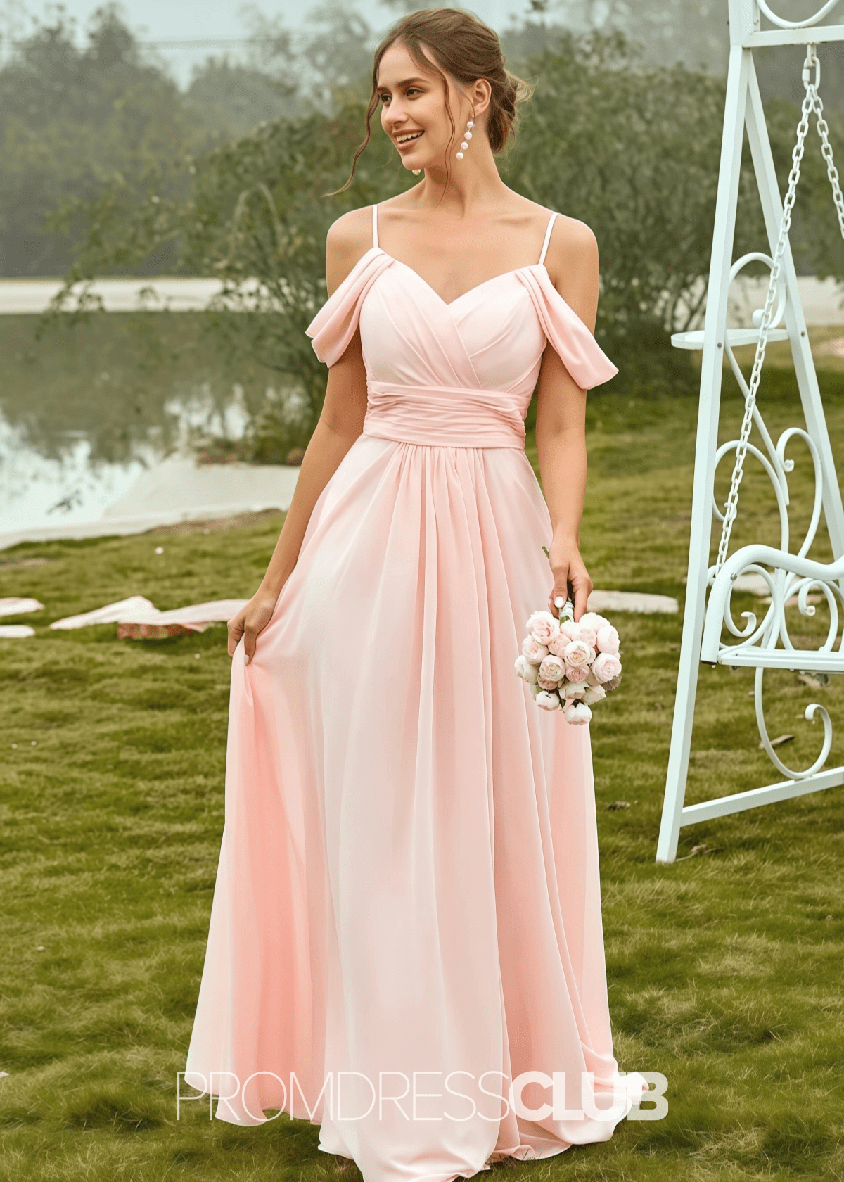 Setlla | A Line Corset Light Pink Chiffon Maxi Bridesmaid Dress - Price #price_variant_lowest# - Light Pink - PromDressClub