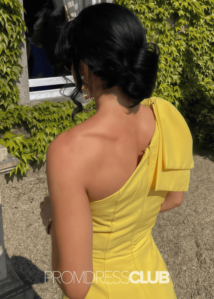 Sharon | Mermaid Bows Yellow Satin Midi Wedding Guest Dress - Price #price_variant_lowest# - Yellow - PromDressClub