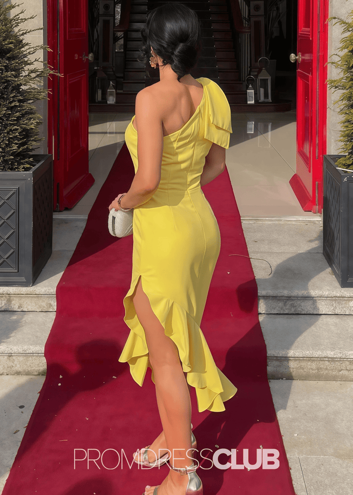 Sharon | Mermaid Bows Yellow Satin Midi Wedding Guest Dress - Price #price_variant_lowest# - Yellow - PromDressClub