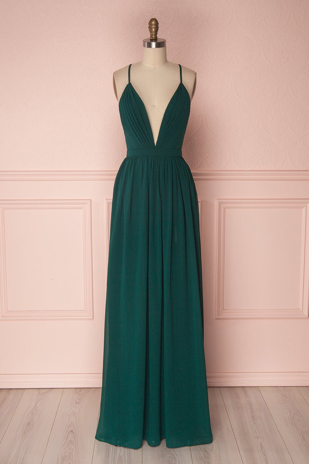 Wallis |Sheath Chiffon Burgundy Bridesmaid Dress Long V Neck - Dark Green - PromDressClub