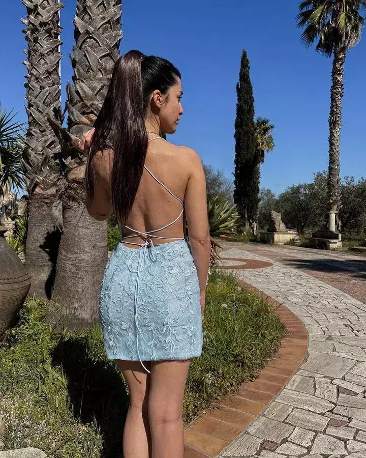 Tammy |Sheath Spaghetti Straps Lace Short Sky Blue Homecoming Dress With Criss Cross Lace - up Back - Sky Blue - PromDressClub