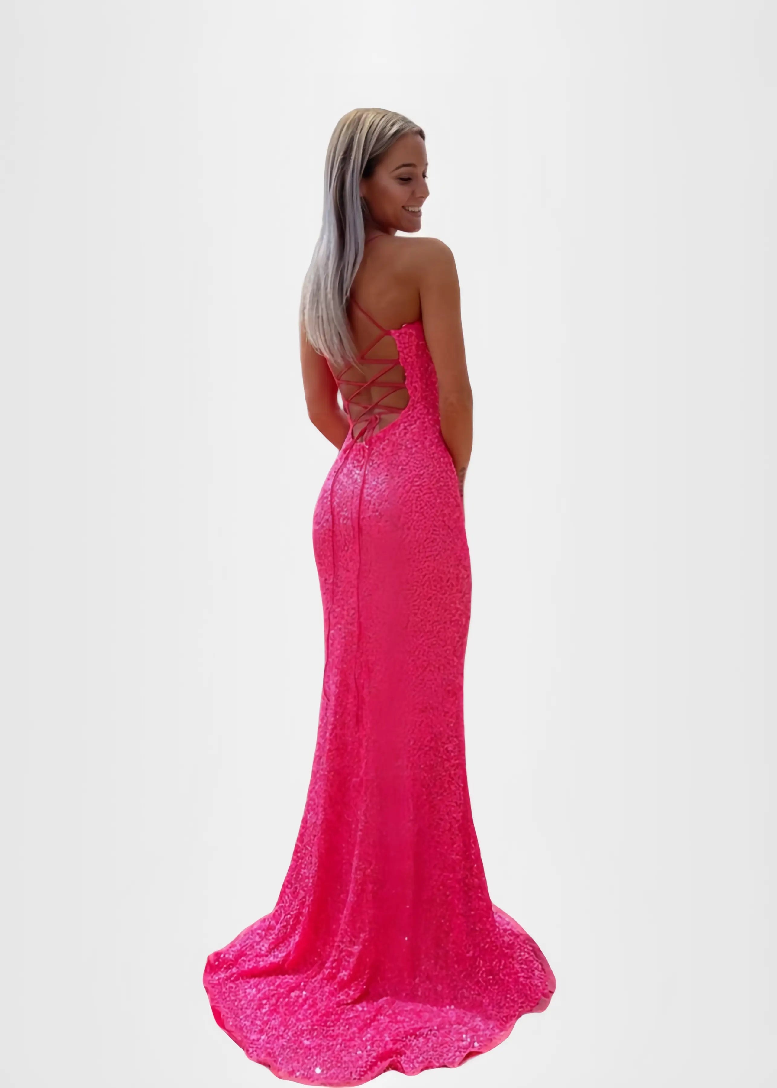 Kelly | Hot Pink Prom Dress Long Mermaid Glitter Strap Sequin with Slit - Pink - PromDressClub