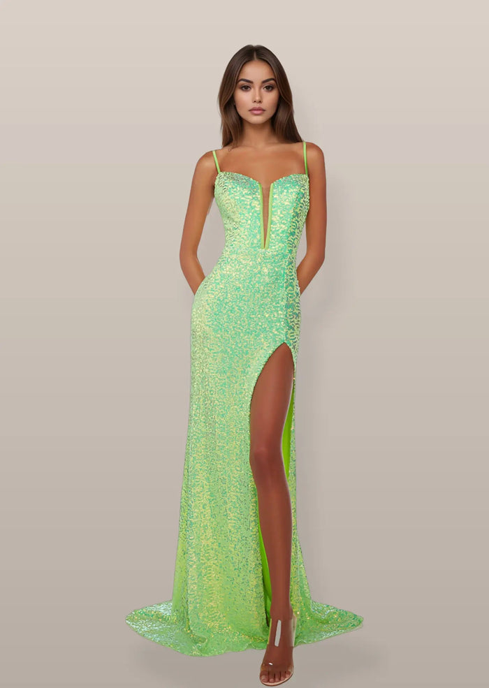 Juliet | Glitter Light Pink and Light Mermaid Backless Green Prom Dress with Slit - Light Green - PromDressClub