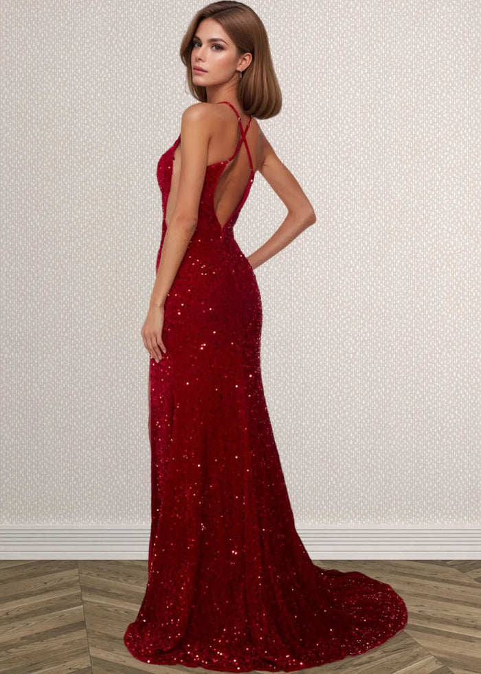 Josephine | Sparkly Burgundy and Gold Sequin Mermaid V Neck Prom Dress with Slit - Burgundy - PromDressClub