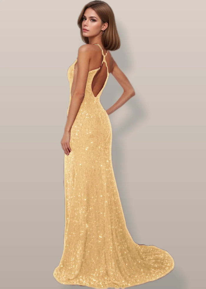 Josephine | Sparkly Burgundy and Gold Sequin Mermaid V Neck Prom Dress with Slit - Gold - PromDressClub