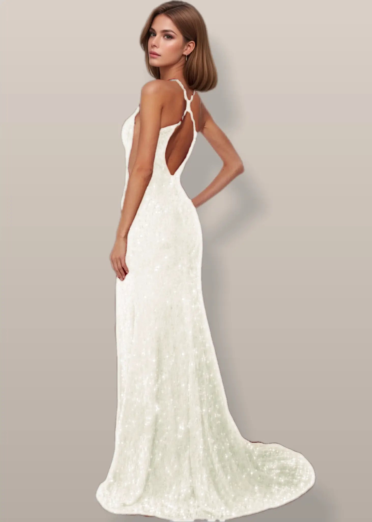 Josephine | Sparkly Burgundy and Gold Sequin Mermaid V Neck Prom Dress with Slit - Ivory - PromDressClub