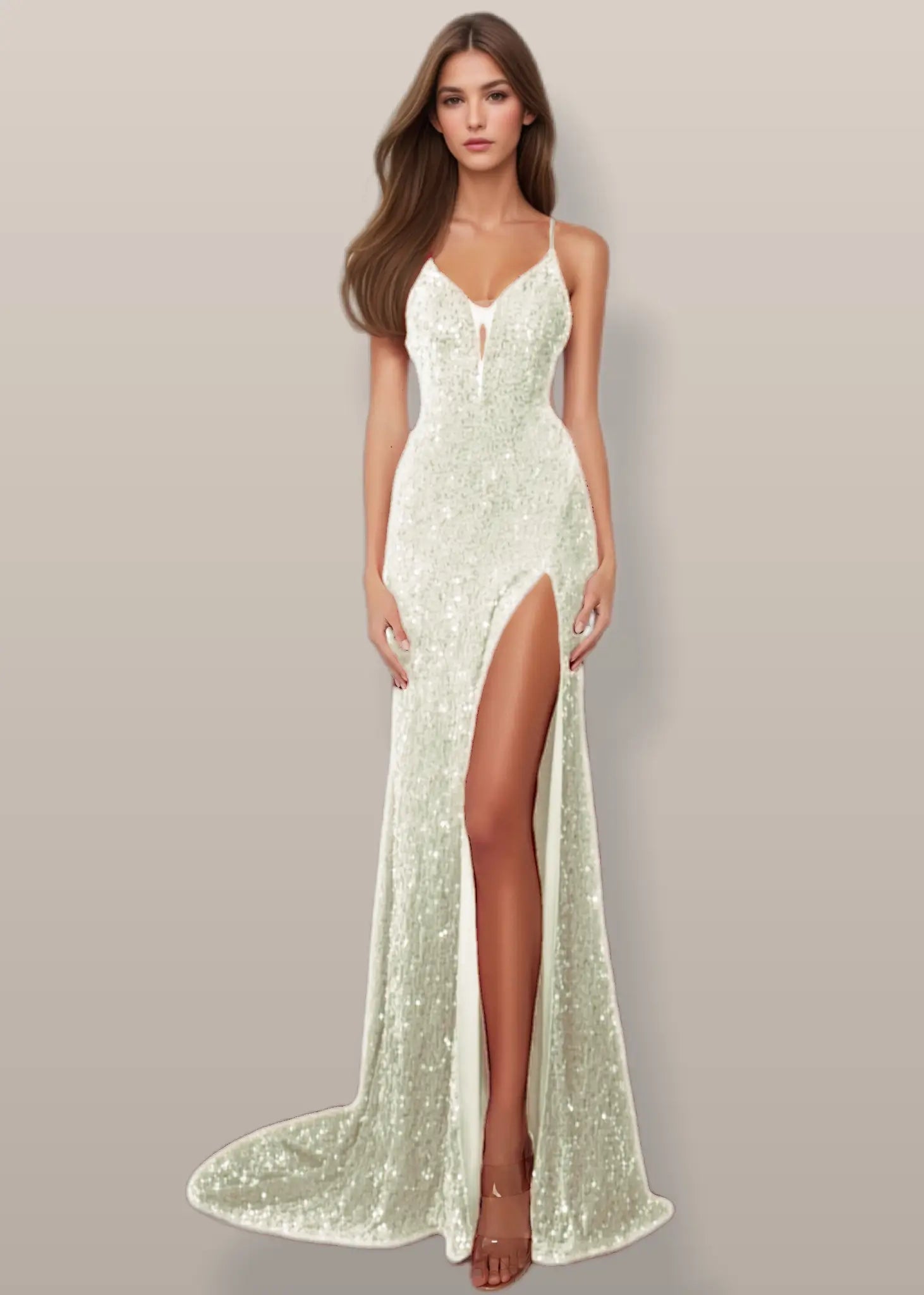 Josephine | Sparkly Burgundy and Gold Sequin Mermaid V Neck Prom Dress with Slit - Ivory - PromDressClub