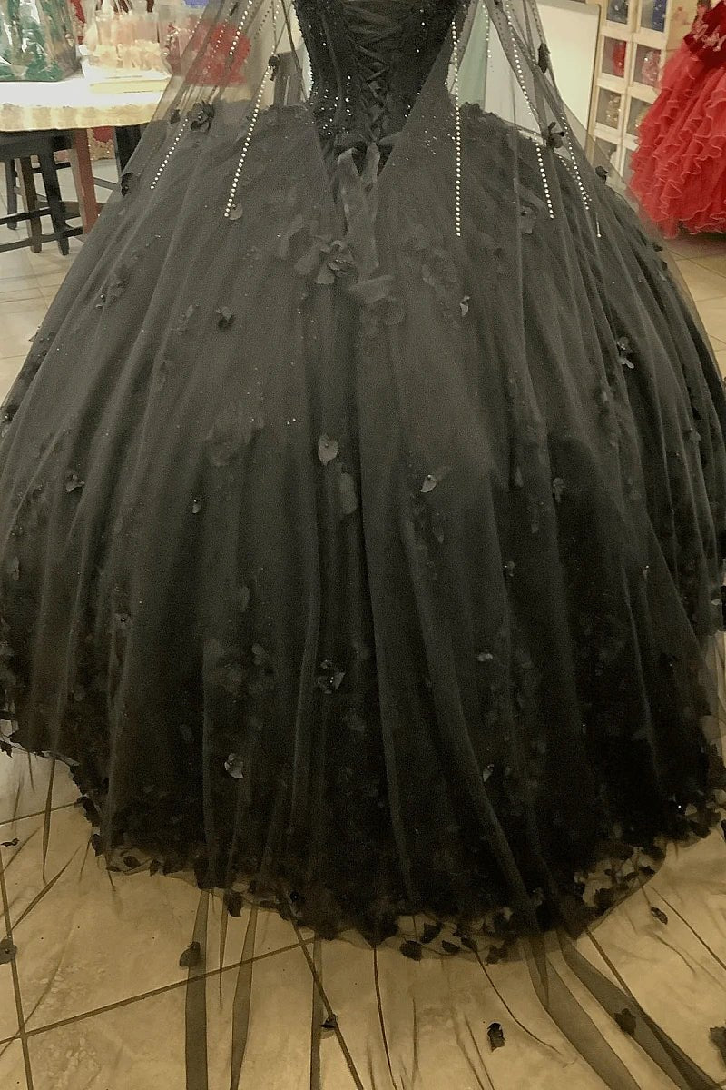 Sheila |Off the Shoulder Ball Gown Black Quince Dresses with Flowers Beaded - Black - PromDressClub