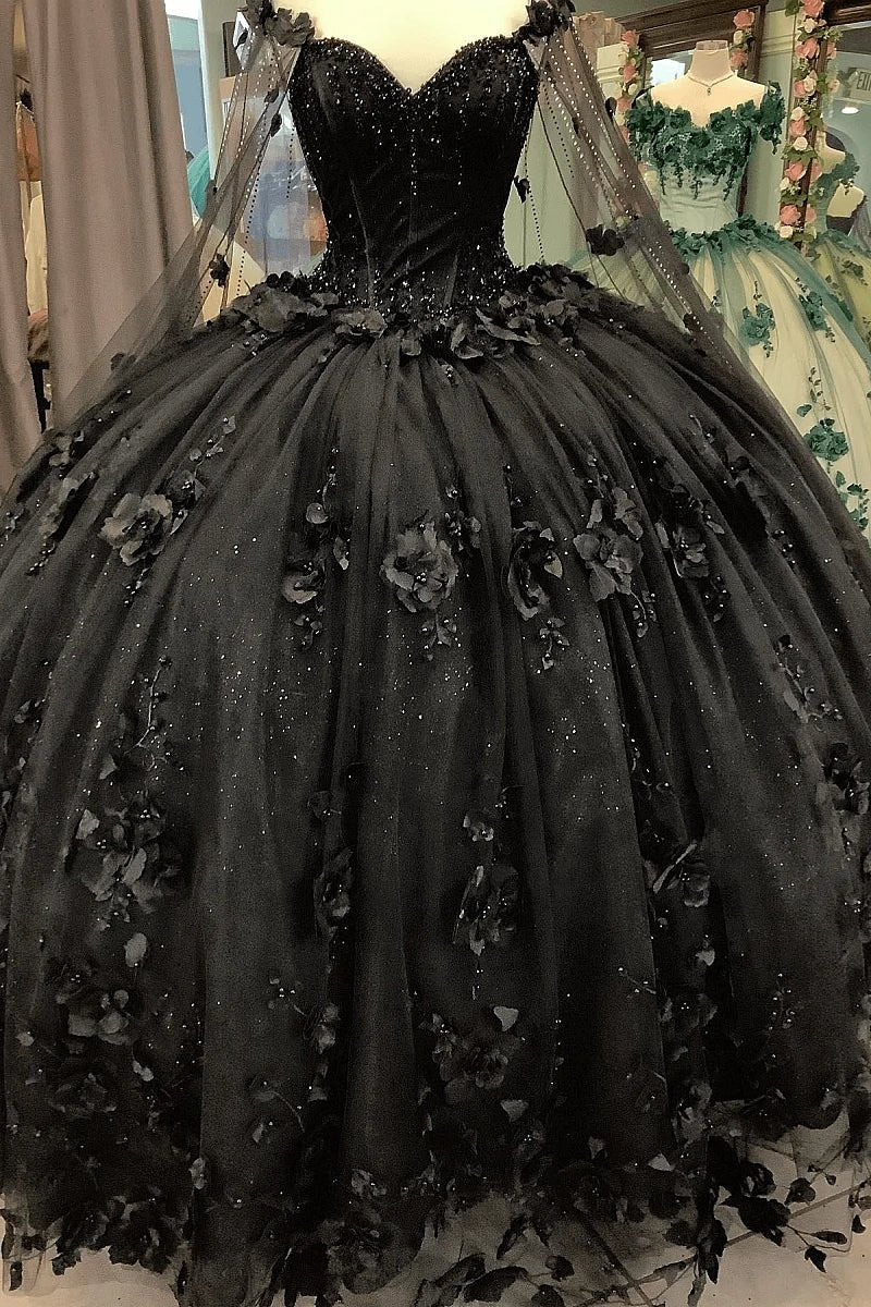 Sheila |Off the Shoulder Ball Gown Black Quince Dresses with Flowers Beaded - Black - PromDressClub