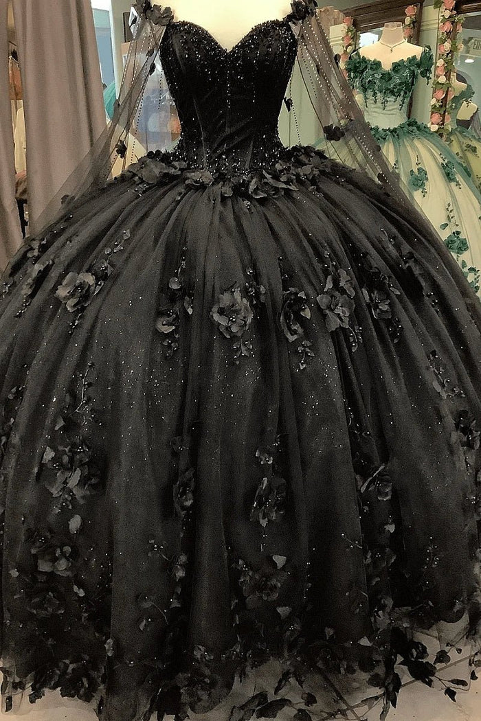 Sheila |Off the Shoulder Ball Gown Black Quince Dresses with Flowers Beaded - Black - PromDressClub