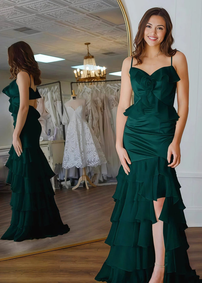 Shine Bright Yellow Flower Ruffle Chiffon Prom Dress with Slit – Unforgettable Prom Nights - Dark Green - PromDressClub