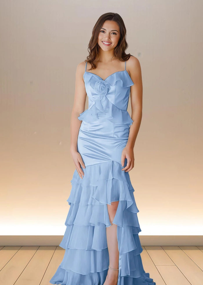 Shine Bright Yellow Flower Ruffle Chiffon Prom Dress with Slit – Unforgettable Prom Nights - Light Blue - PromDressClub