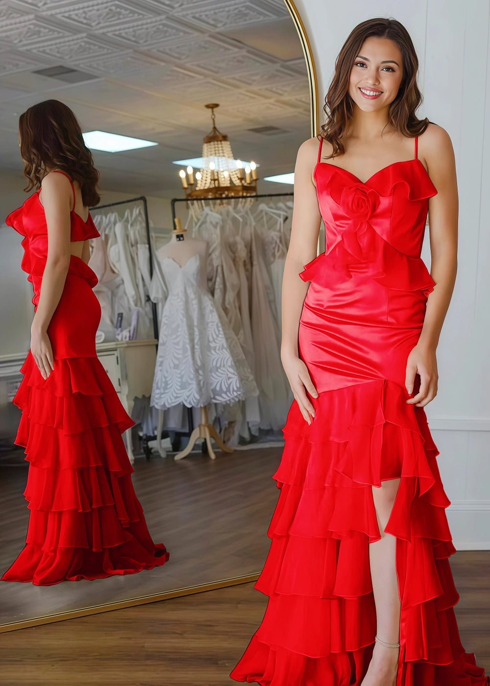 Shine Bright Yellow Flower Ruffle Chiffon Prom Dress with Slit – Unforgettable Prom Nights - Red - PromDressClub