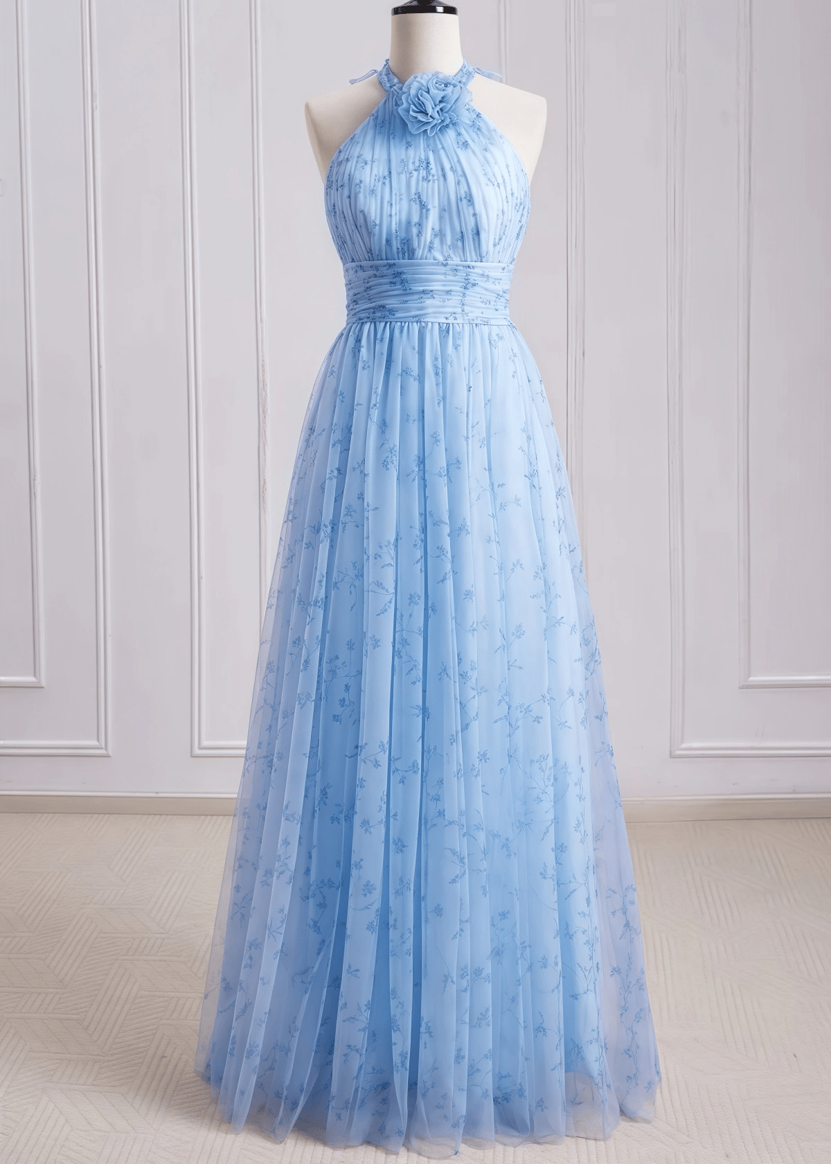 A Line 3D Flower Light Blue Floral Print Tulle Long Prom Dress